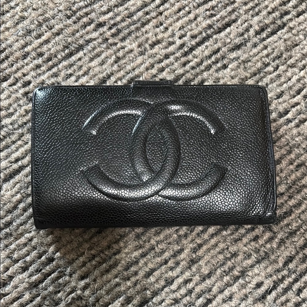 Chanel Classic Black Cavier large CC long bifold wallet with the Gold kisslock